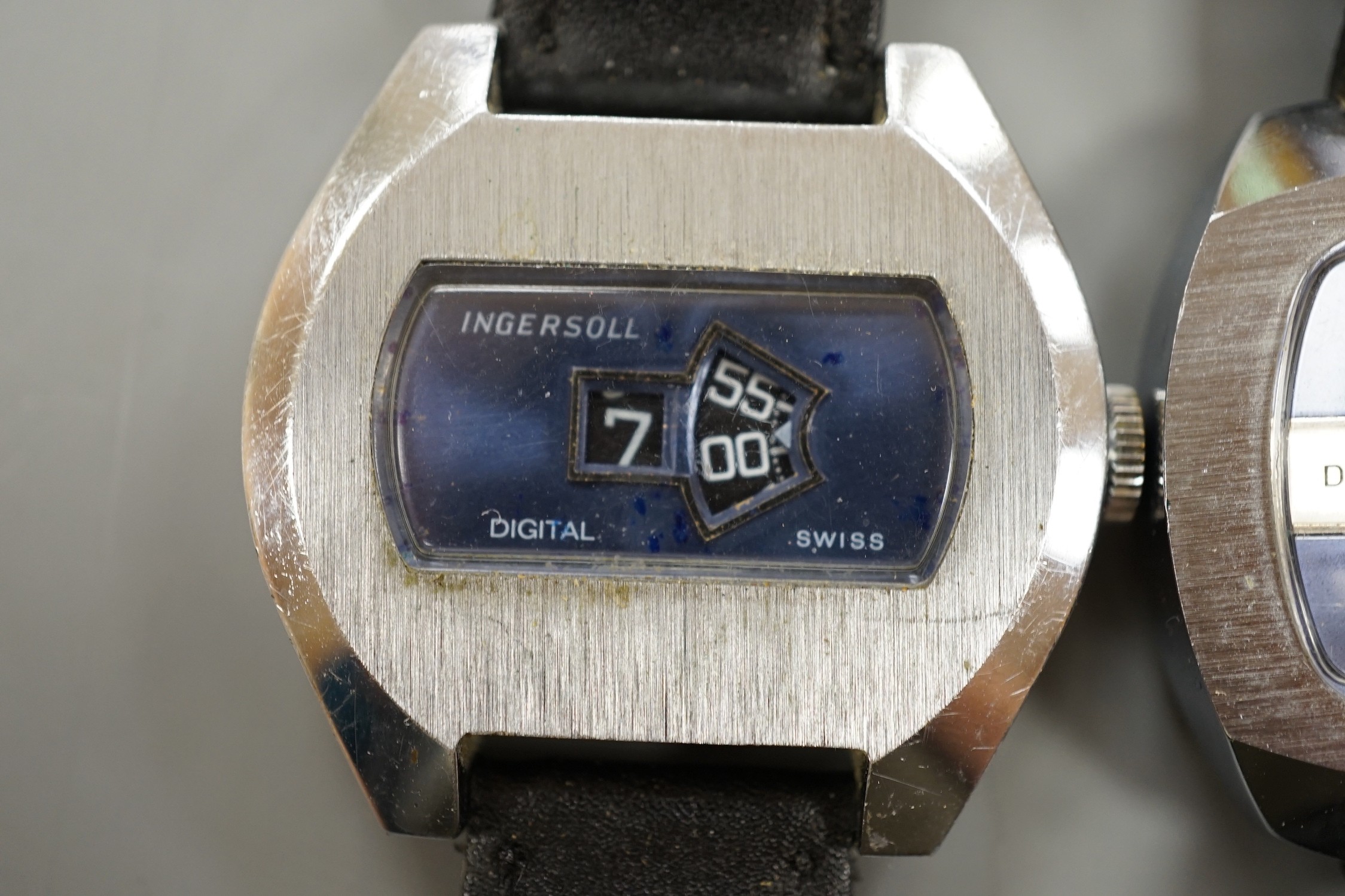 Two gentleman's stainless steel Ingersoll jump hour digital manual wind wrist watches.